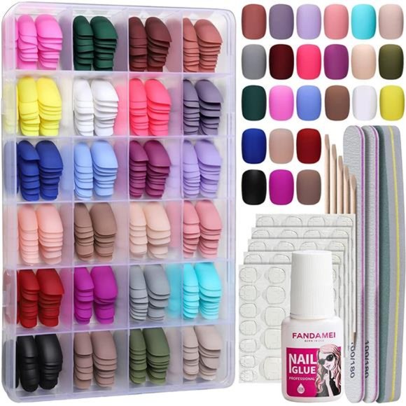 Short Press on Nails, FANDAMEI 24 Packs 576PCS Short Round Press on Nails Matte